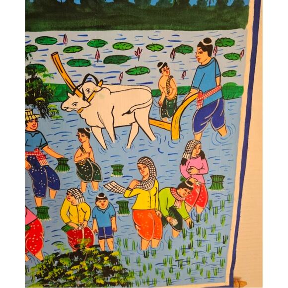 Cambodian Art Oil on Canvas Dowels Tabitha Family Savings Program & NecklaceVTG - Picture 3 of 10